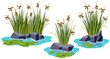 Marsh reed, grass, stone, spatter-dock in pond. Set of swamp cattails, rock, nenuphar in lake. Vector bulrush, water lily for computer games isolated on white background.