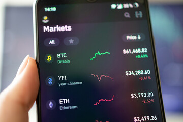 Finance application for sell, buy and analysis profit dividend statistics. Trader investor discussing and analysis graph on smartphone.