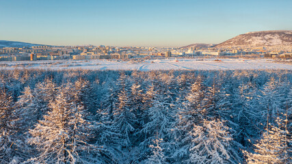 Wall Mural - Panorama of the northern town. Winter aerial view of the city of Magadan and its environs. Beautiful snowy forest. Snow on the branches of larch trees. Cold weather. Magadan, Siberia, Far East Russia.