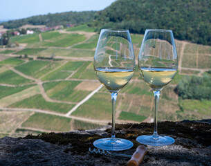 Canvas Print - Tasting of white or jaune Jura wine on vineyards near Chateau-Chalon village in Jura region, France