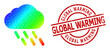 GLOBAL WARMING corroded stamp, and lowpoly rainbow colored rain icon with gradient. Red stamp seal contains Global Warming title inside circle and lines shape.