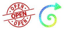 Open Grunge Stamp Seal And Lowpoly Rainbow Colored Spiral Arrow Icon With Gradient. Red Stamp Seal Includes Open Text Inside Circle And Lines Form.