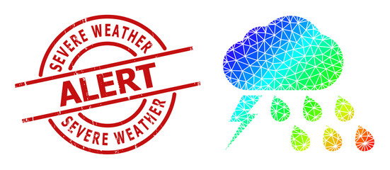 severe weather alert dirty stamp print, and low-poly spectral colored thunderstorm weather icon with