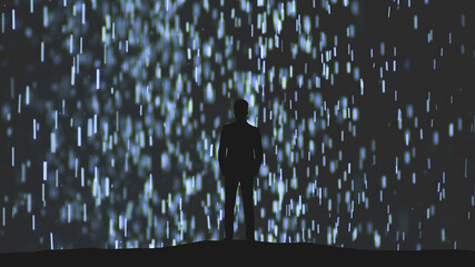 Wall Mural - the man in suit standing on a falling shimmering particles background