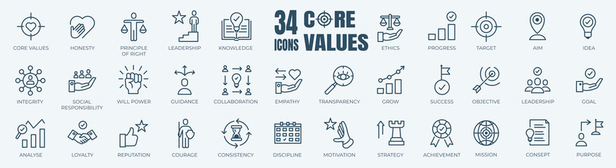 simple set of core values, goals and target related vector line icons. contains thin icons as achiev
