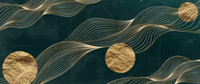 Luxury Dark Green And Gold Art Background With Moon Or Sun Waves Lines. Abstract Background For Home Decor Decoration, Print, Fabric