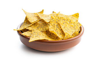 Salted tortilla chips triangle with chia seeds.