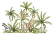 Watercolor safari animals and tropical palms. Jungle compositions. Giraffe, zebra, cheetah, monkey, parrot. Bright summer exotic jungle. 