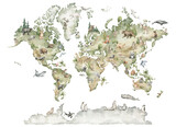 Fototapeta Mapy - Watercolor world map with animals and natural elements. Geographical map. Hand-painted earth isolated on white. Nursery print