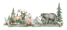 Watercolor Composition With Forest Animals And Nature. Deer, Fox, Wolf, Black Bear, Green Trees, Pine, Fir, Flowers And Mountains. Woodland Creatures In The Wild. Illustration For Nursery, Wallpaper