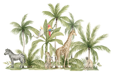 Wall Mural - Watercolor safari animals and tropical palms. Jungle compositions. Giraffe, zebra, cheetah, monkey, parrot. Bright summer exotic jungle. 