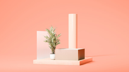 Wall Mural - Two square podiums on the pale orange background with small palm tree. Natural showcase. Minimal design. 3d rendering.