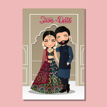 wedding invitation card the bride and groom cute couple in traditional indian dress cartoon characte