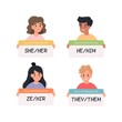 Gender pronouns - people holding signs with different pronouns, male, female and non-binary characters. Vector illustration in flat style