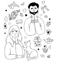Sad Lonely Girl With Cat And Pensive Man With Beard, Bouquet Of Tulips And Gift, Dessert And Glasses. Set Of Vector Linear Illustrations In Hand Outline Doodle For Emotion, Sad Holiday And Loneliness