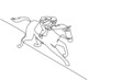 Single continuous line drawing young jockey on horse. Racing horse with jockey. Champion. Horse riding. Equestrian sport. Jockey riding jumping horse. One line draw graphic design vector illustration