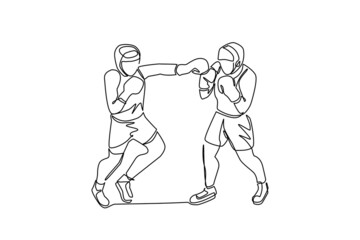 Poster - Continuous one line drawing boxers fighting on ring, opponents in shorts and gloves fight on arena with spotlights and ropes. Competition. Dangerous sport. Single line draw design vector illustration
