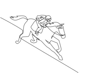 Poster - Single continuous line drawing young jockey on horse. Racing horse with jockey. Champion. Horse riding. Equestrian sport. Jockey riding jumping horse. One line draw graphic design vector illustration