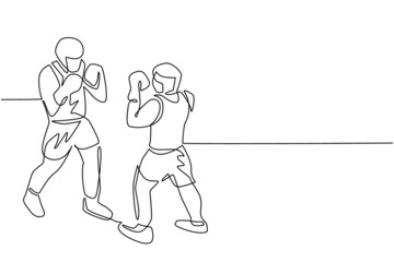 Poster - single continuous line drawing boxers fighting on ring, opponents in shorts and gloves fight on aren