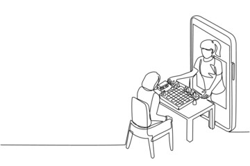 Poster - Continuous one line drawing online chess education concept. Two woman sitting at table with chessboard. Teacher shows how to play from smartphone. Single line draw design vector graphic illustration