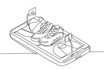 Poster - Single continuous line drawing basketball shoes and basketball balls on smartphone screen. Smartphone with app basketball. Mobile sport stream championship to play. One line draw graphic design vector