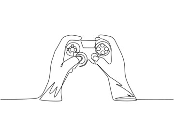 Poster - Single continuous line drawing young man hands holding video game console. Gamer holding in hand gamepad. Man playing video game. Leisure time at home. One line draw graphic design vector illustration