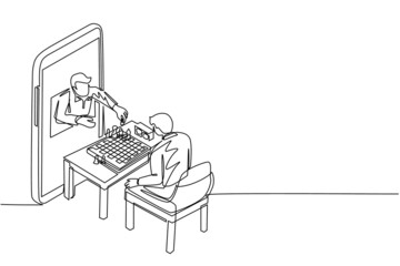 Poster - Continuous one line drawing online chess education concept. Two young man sitting at table with chessboard. Teacher shows how to play from smartphone. Single line draw design vector illustration