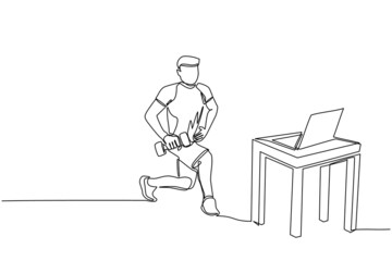 Poster - Single one line drawing man doing fitness at home in online classes using his laptop. Fitness online course concept. Online sports training on laptop. Modern continuous line draw design graphic vector