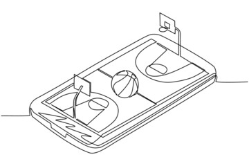 Poster - continuous one line drawing basketball online concept. isometric basketball field, ball and indicato
