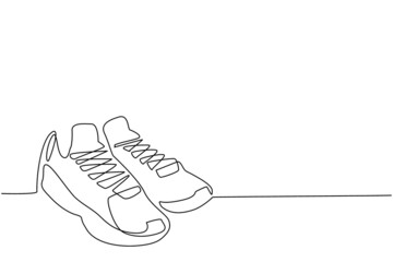 Poster - Single continuous line drawing basketball shoes. Basketball icon. Basketball boots. Sports inventory. For sport store ad, app pictogram, infographics. One line draw graphic design vector illustration