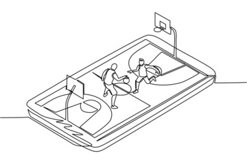 Poster - Single one line drawing basketball court with two players on smartphone screen. Online basketball game, mobile e-sport. Online basketball game with live mobile app. Continuous line draw design vector
