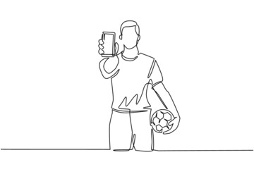 Poster - single continuous line drawing soccer player holding football ball and smartphone. mobile football s