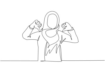 Poster - Single one line drawing unhappy Arab woman showing thumbs down sign gesture. Dislike, disagree, disappointment, disapprove, no deal. Emotion, body language. Continuous line draw design graphic vector
