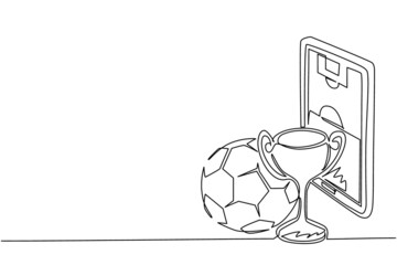 Poster - Single continuous line drawing football field on screen smartphone with soccer cup and football ball. Mobile football soccer. Mobile sports play match. One line draw graphic design vector illustration