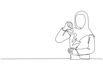 Poster - Continuous one line drawing unhappy young Arabian woman showing thumbs down sign gesture. Dislike, disagree, disappointment, disapprove, no deal. Emotion, body language. Single line draw design vector