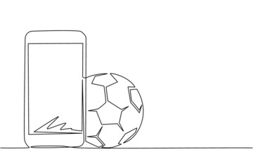 Poster - Single one line drawing smartphone and football ball. Online football games. Smartphone applications. Online soccer game with live mobile app. Continuous line draw design graphic vector illustration