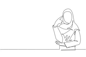 Poster - Single continuous line drawing Arabian woman touching her temples and remembering something. Female holding finger on head, feeling tired exhausted, chronic work stress. One line draw design vector