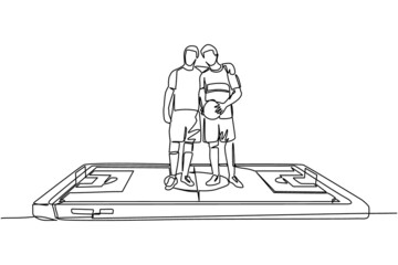 Poster - Single continuous line drawing two soccer players embrace each other on surface of smartphone. Mobile football soccer. Mobile sport play match. Dynamic one line draw graphic design vector illustration