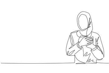 Poster - single continuous line drawing arabian woman keeping hands on chest. female suffering from chest pai