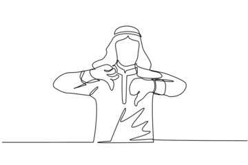Poster - Single continuous line drawing unhappy young Arabian man showing thumbs down sign gesture. Dislike, disagree, disappointment, disapprove, no deal. Emotion, body language. One line draw design vector