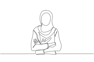 Poster - Continuous one line drawing smiling confident Arabian woman in hijab, keeping arms crossed. Active businesswoman standing with folded arms pose. Single line draw design vector graphic illustration