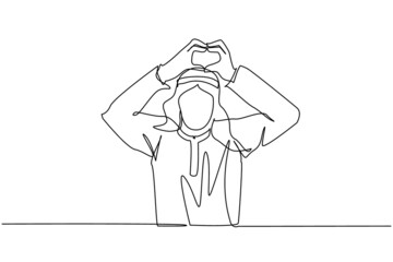 Poster - Single one line drawing young Arabian man making or gesturing heart symbol with fingers. Modern male lifestyle, healthcare, love shape concept. Continuous line draw design graphic vector illustration