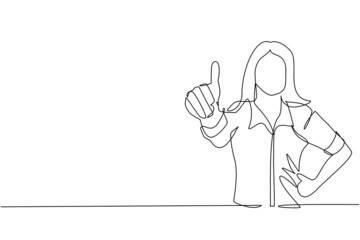 Poster - Single continuous line drawing confident businesswoman thumbs up. Excited female dressed in casual wear showing thumbs up sign. Deal, like, agree, approve, accept. One line draw graphic design vector