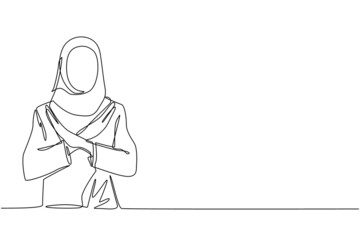 Poster - Single continuous line drawing young Arabian woman crossing arms and saying no gesture. Person making X shape, stop sign with hands and negative expression. One line draw design vector illustration