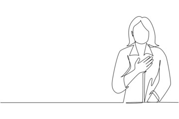Poster - Single one line drawing young woman keeping hands on chest. Smiling friendly female expressing gratitude. Emotion, body language concept. Modern continuous line draw design graphic vector illustration