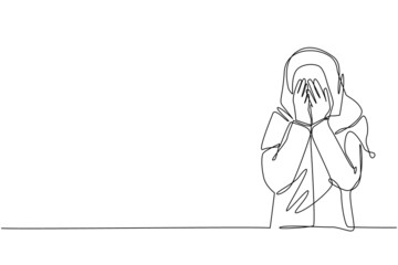 Poster - Single continuous line drawing young Arabian woman closes her eyes with her hands because of disgust and reluctance to see something, fear or sadness. One line draw graphic design vector illustration