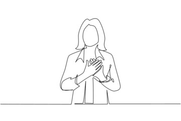 Poster - continuous one line drawing young woman keeping hands on chest. female suffering from chest pain or 