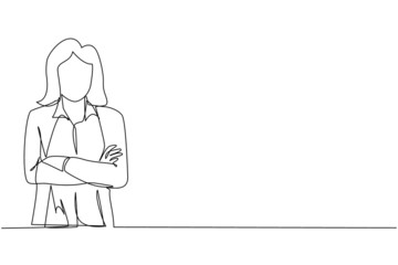 Poster - Single continuous line drawing smiling confident young woman in shirt, keeping arms crossed. Active businesswoman standing with folded arms pose. One line draw graphic design vector illustration