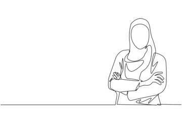 Poster - Single continuous line drawing young Arabian businesswoman standing with folded arms. Cute female in hijab with arms crossed standing isolated. Dynamic one line draw graphic design vector illustration