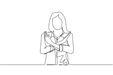 Poster - Single continuous line drawing young woman crossing arms and saying no gesture. Person making X shape, stop sign with hands and negative expression. One line draw graphic design vector illustration